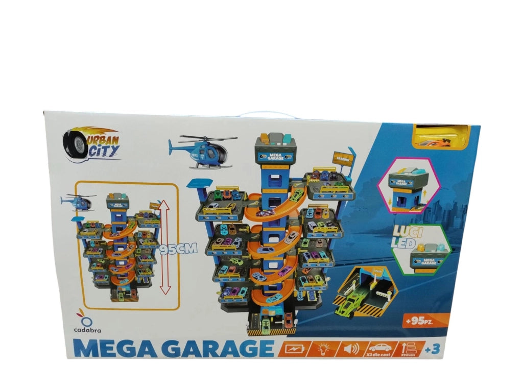 Garage con due veicoli inclusi luci suoni e 95 cm di altezza,Cadabra,Eta 3+