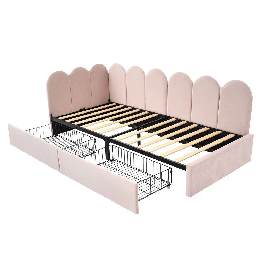 Letto Singolo Imbottito con Cassetti ¨C MINIMAL ¨C Velluto Rosa 90x200
