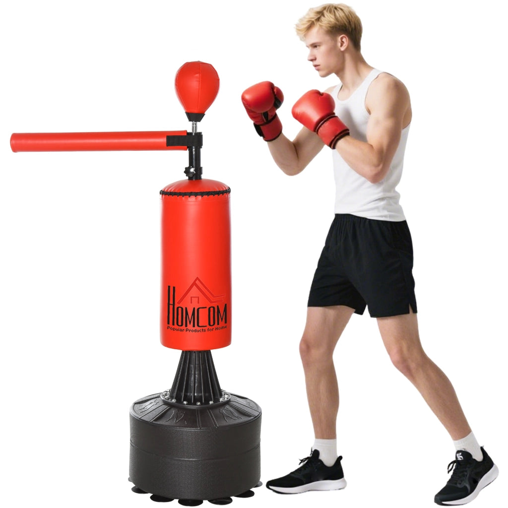 Sacco da Boxe ad Altezza Regolabile con Punching Ball e Base Riempibile, 88x48x155-205 cm, Rosso e Nero