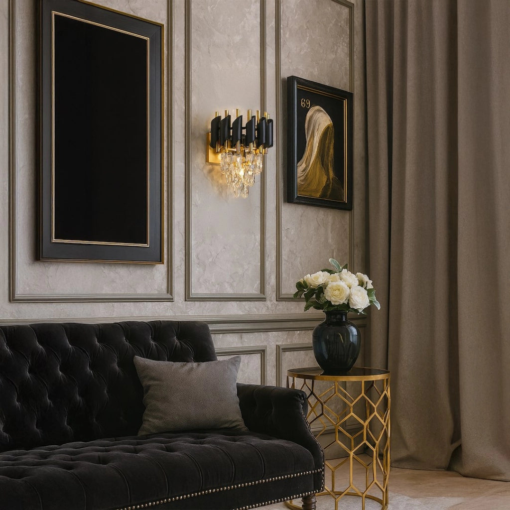 Applique glamour a spirale con cristalli nero oro 2xE14