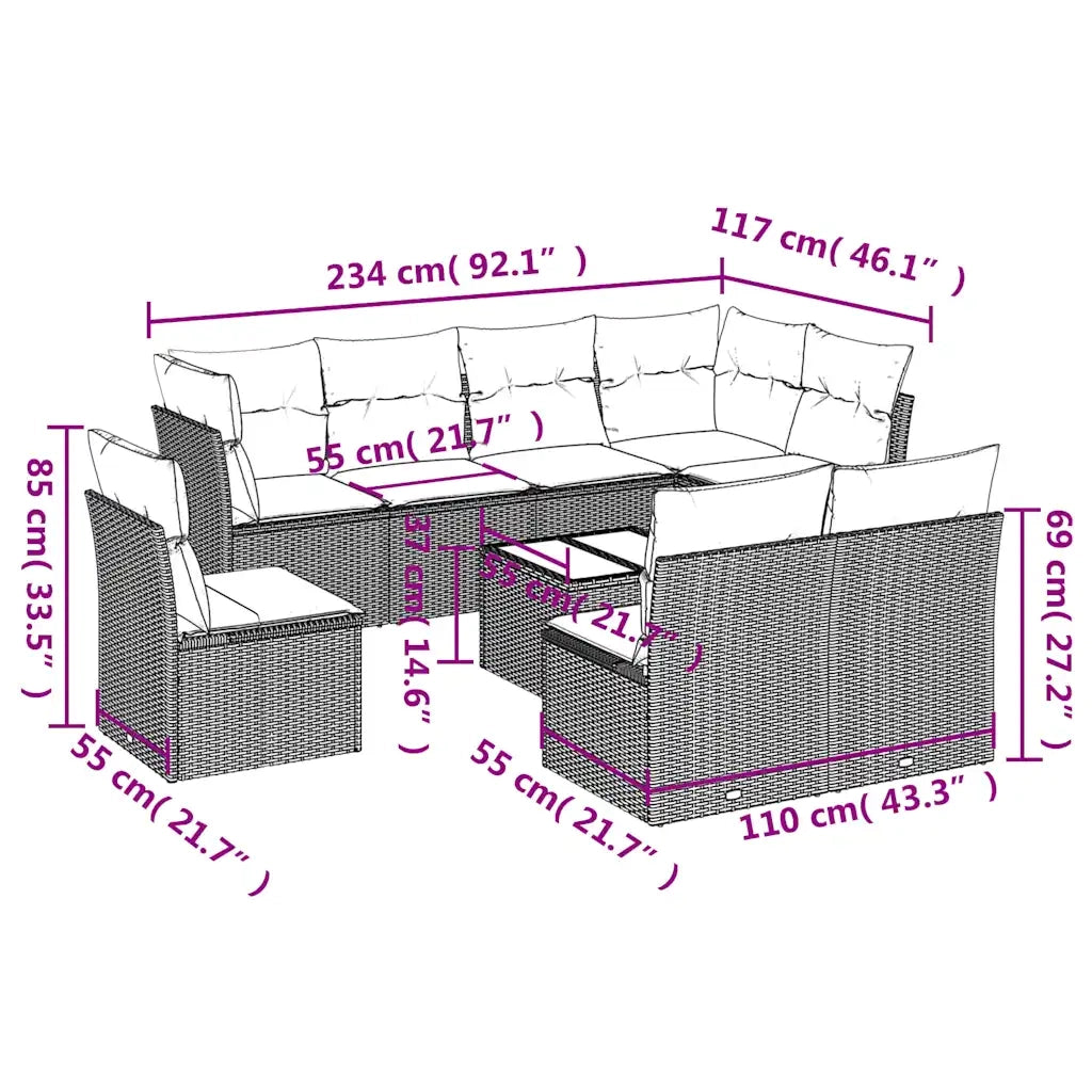 Set Divani da Giardino 9pz con Cuscini Marrone in Polyrattan 3217773
