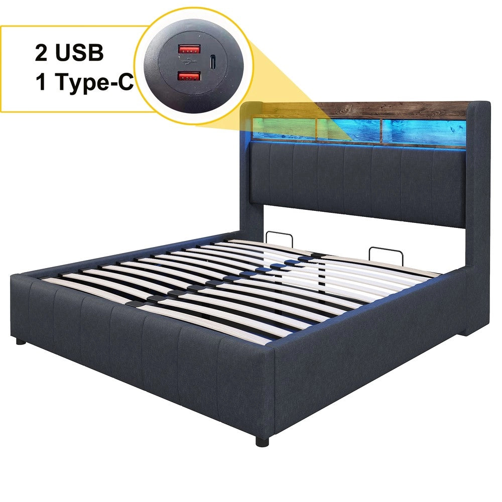 Letto Imbottito Contenitore con LED e USB ¨C MINIMAL ¨C Tessuto Grigio 160x200