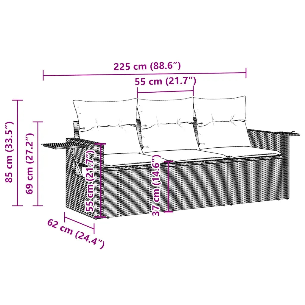 Set Divano da Giardino 3pz con Cuscini Grigio Chiaro Polyrattan