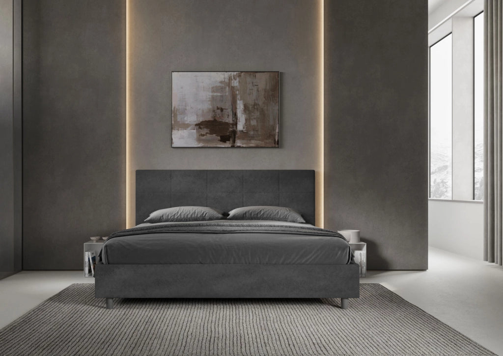 BS COM Letto matrimoniale king size con rete imbottito 180x200 microfibra grigio