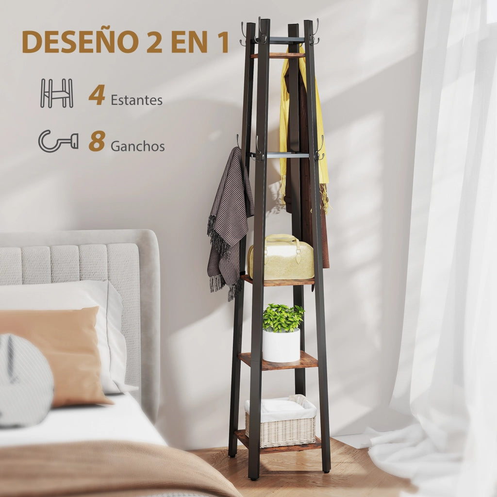 Appendiabiti da Terra con 4 Ripiani e 8 Ganci ¨C Minimal ¨C Marrone Metallo