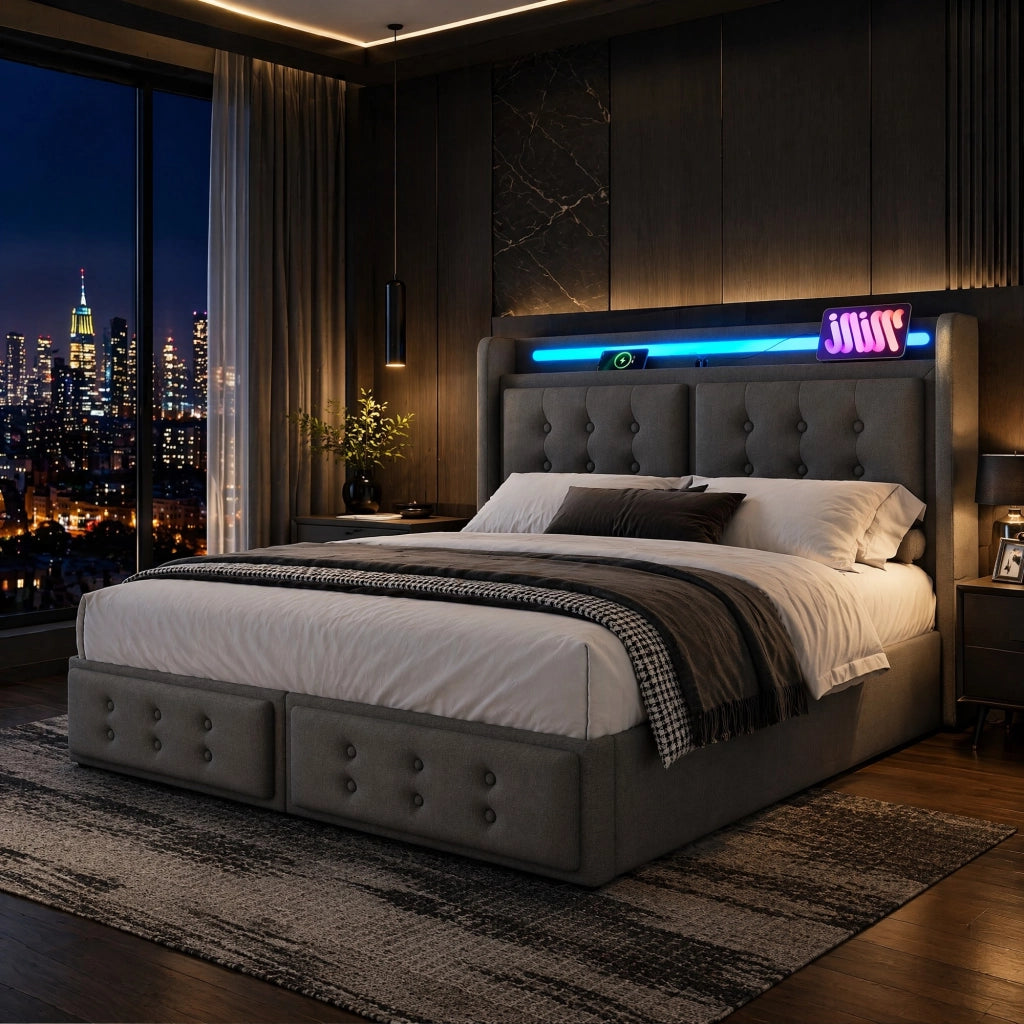 Letto imbottito 140x200 con LED, prese USB e vano contenitore