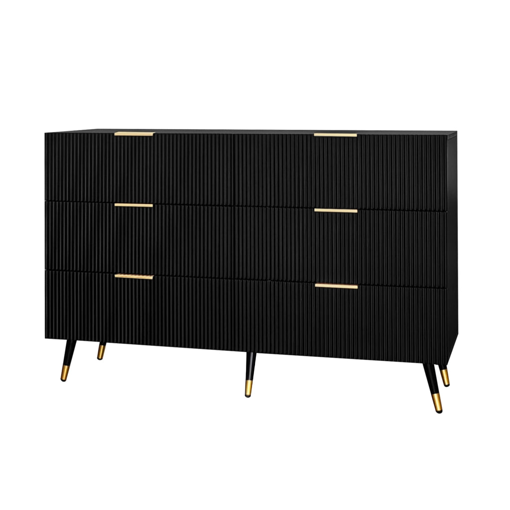 Credenza moderna nera e oro con 6 cassetti, 120x40x77 cm, design minimalista