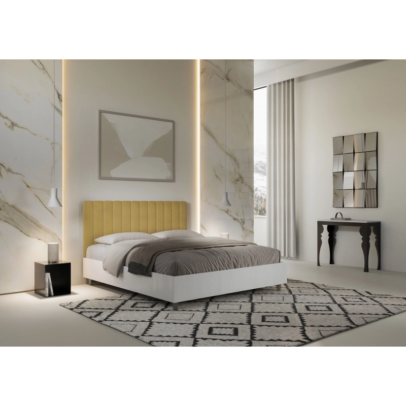Letto Matrimoniale 160x200 cm struttura bianco frassino testata Kaia - Con rete,Microfibra,Ocra