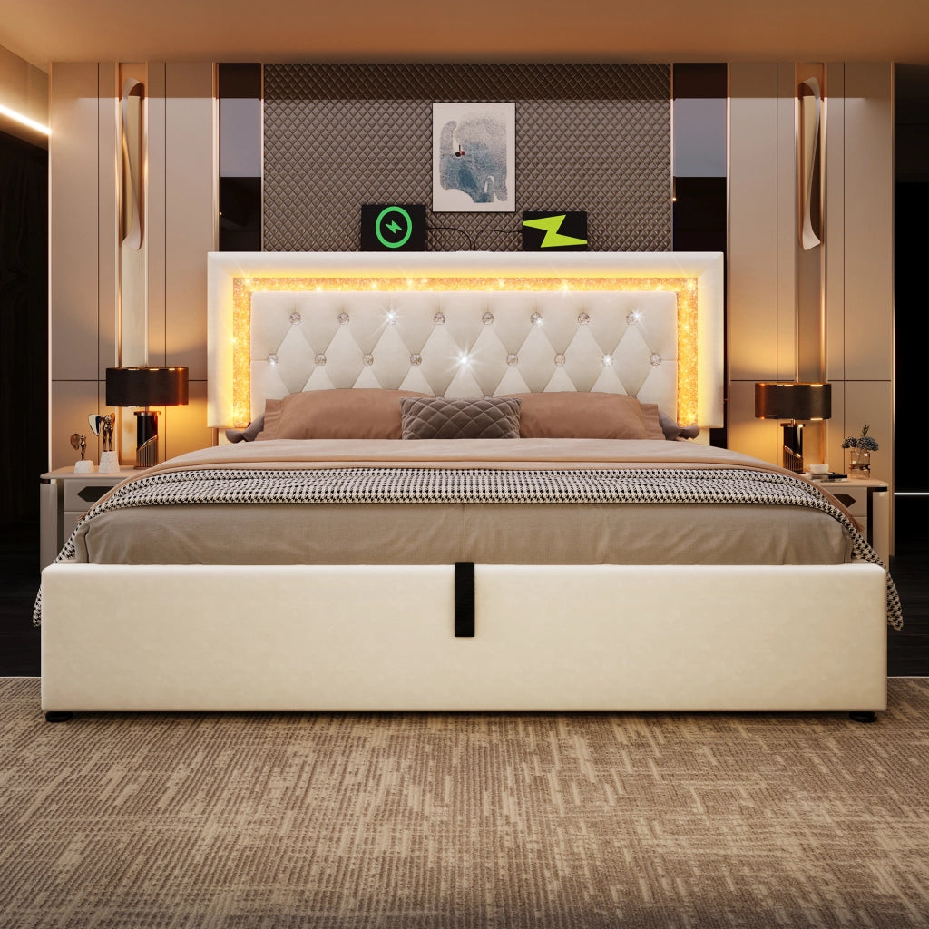 LETTO Contenitore 140x200 cm con LED USB Type-C in velluto beige