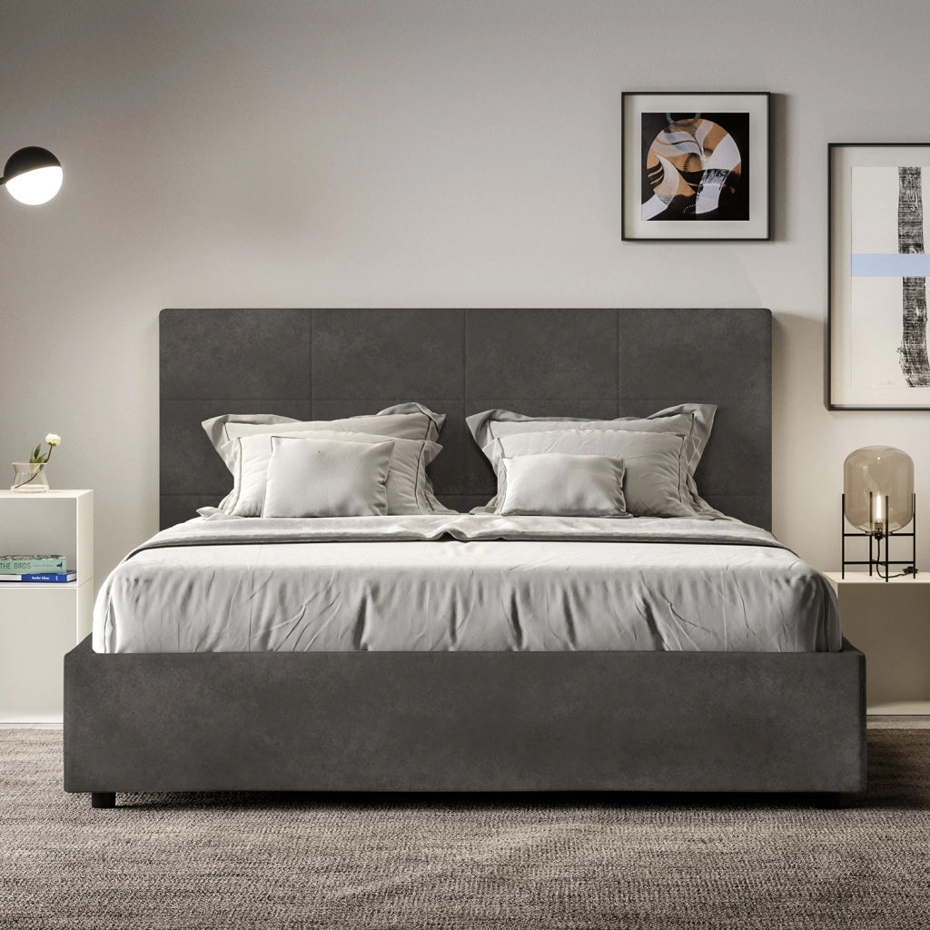 BS COM Letto matrimoniale francese contenitore imbottito 140x200 microfibra grigio