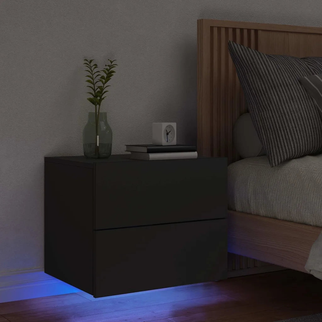 Comodino | Armadio da Notte | Mobiletto da notte a Parete con Luci LED Nero