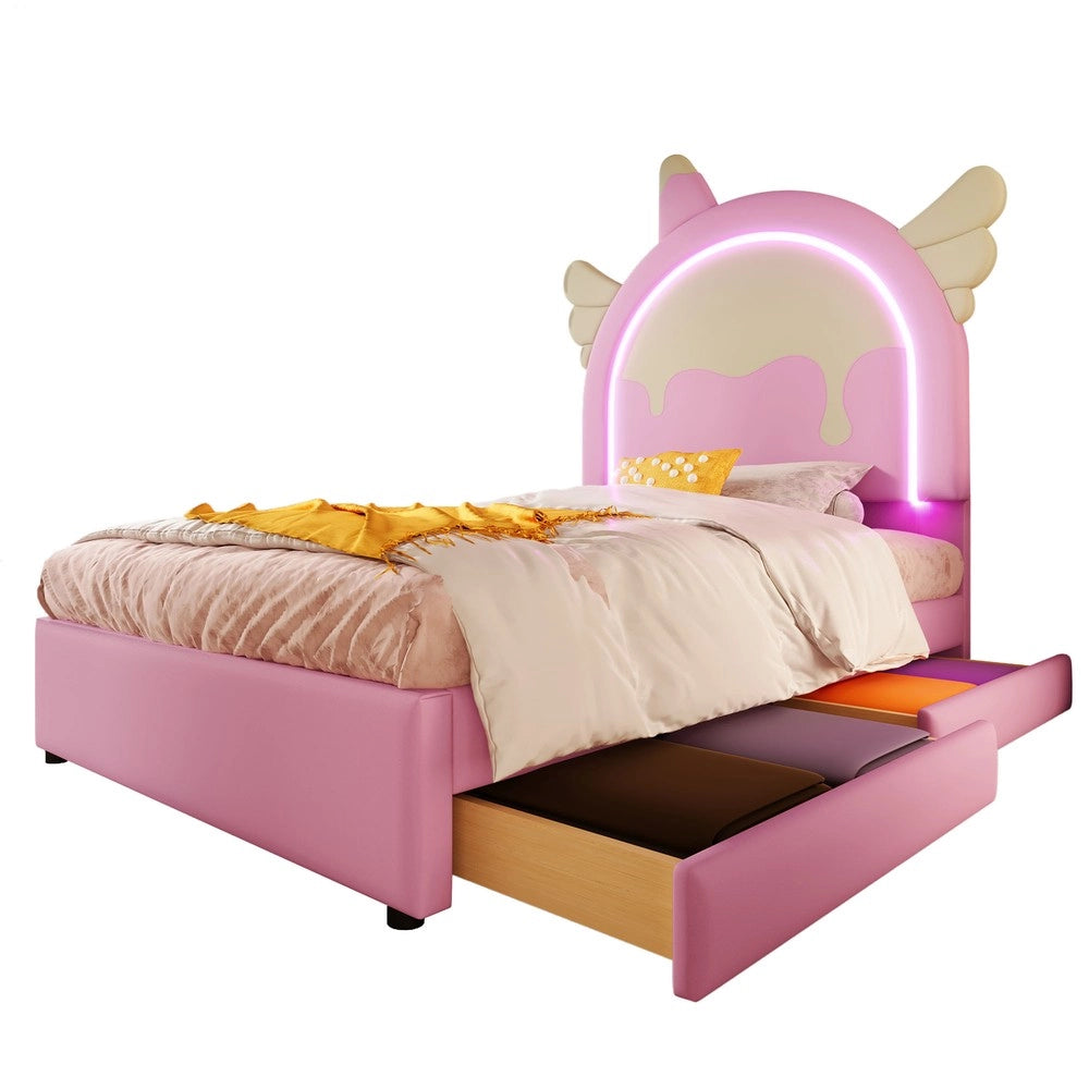 Letto Imbottito Singolo con Cassetti e LED ¨C MINIMAL ¨C Rosa, PU, 90x200
