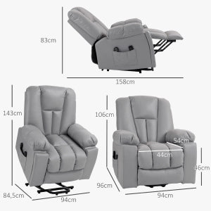 Poltrona relax elettrica con alzata assistita, massaggio vibrante, portabicchieri e tasche in microfibra grigio scuro