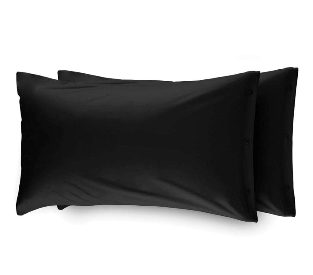 Coppia 2 Federe Cuscino Letto 100% Cotone Tinta Unita Sfoderabile Bottoni Laterali - Federe - Nero