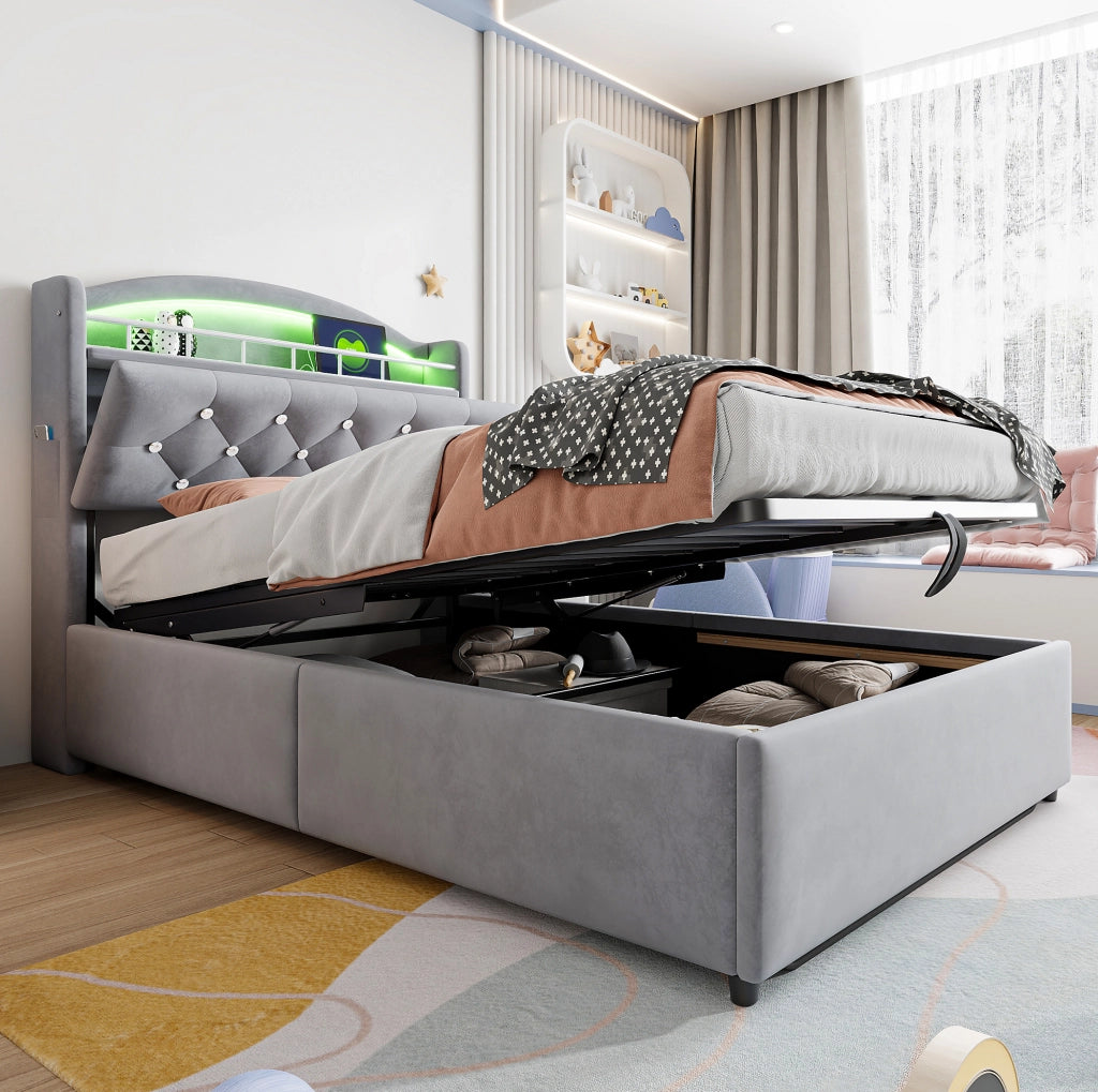 Letto imbottito per bambini 90x200 con contenitore, LED e USB