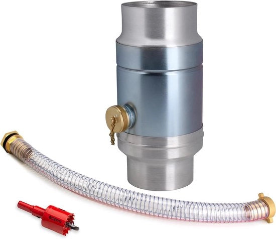 Raccoglitore di acqua di pioggia 100 mm con connessione da 45 cm per tubo di scarico e canaletta.