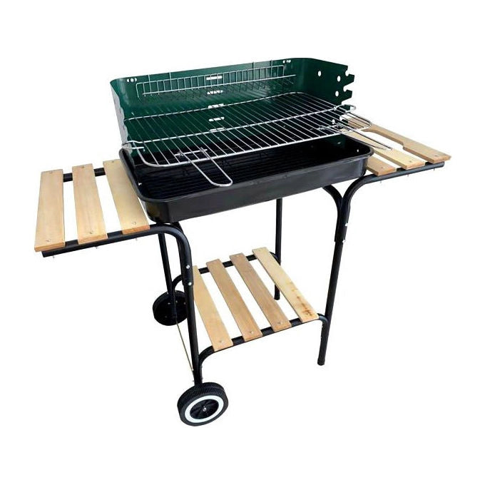 Thorx 8012947857946 Barbecue Stockton in acciaio verniciato con griglia cromata regolabile su 5 posizioni e 3 ripiani in legno colore Nero