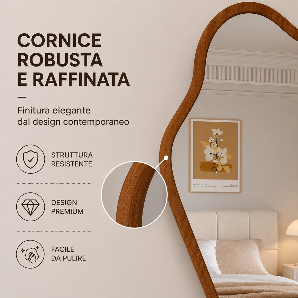 Specchio Asimmetrico da Parete 46x60 cm Cornice in Legno Noce