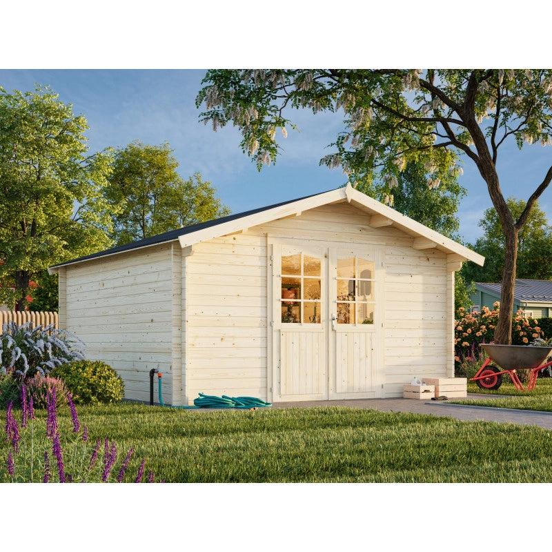 Casetta da giardino in legno 400x400 cm, pareti 28 mm grezze con porta doppia vetrata, per deposito attrezzi e arredo esterno - Esterni da Vivere