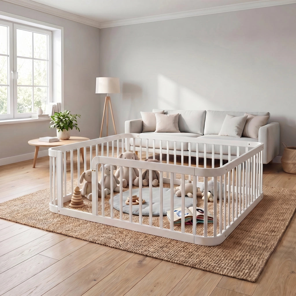 Recinto modulare per bambini 140 ¡Á 200 cm in legno bianco con barre distanziate 7 cm e bordi arrotondati