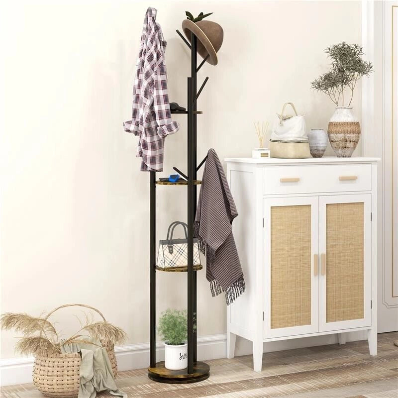 APPENDIABITI DA TERRA GIREVOLE CON 8 GANCI E 4 MENSOLE IN STILE INDUSTRIALE, 130X175CM, MARRONE