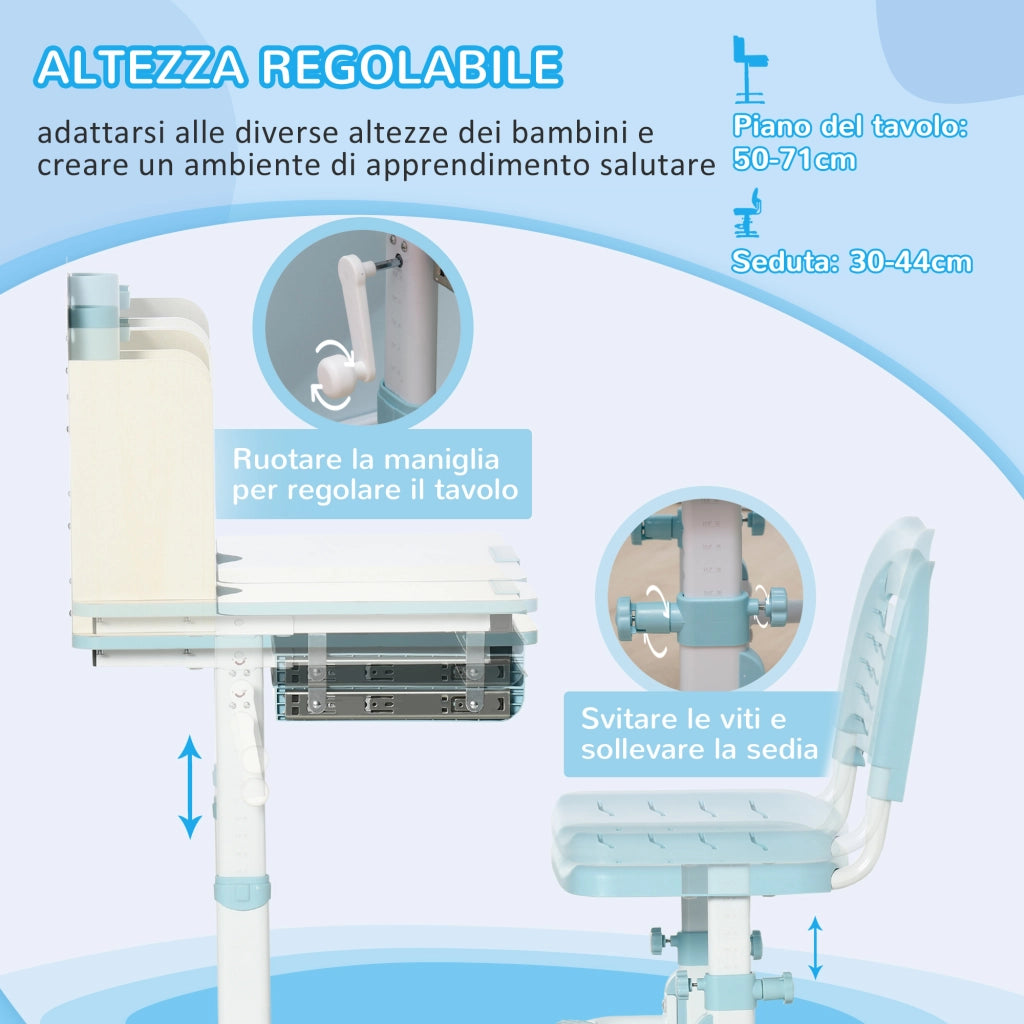Scrivania per Bambini Regolabile con Cassetto e Ripiani ¨C zephmum ¨C Blu