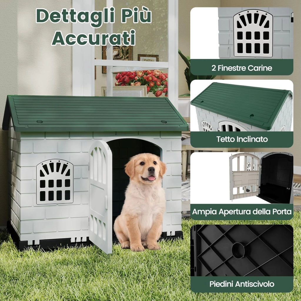 Cuccia per Cani da Esterno ed Interno, Cassetta per Cani con Porta Bloccabile, 3 Finestre e Tetto Inclinato, Cucce per Cagnolino in Plastica Impermeabile (Verde)