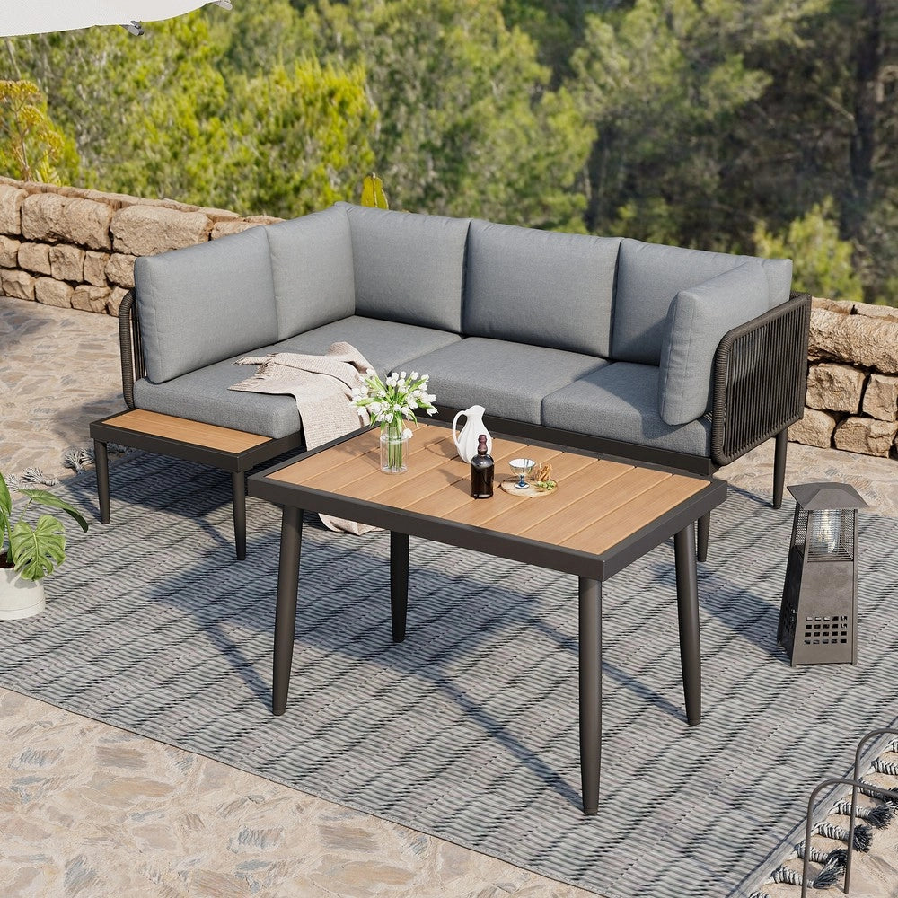 Gruppo da pranzo da giardino angolare - Zephmum- Divano + tavolo, struttura tubolare acciaio zincato, piano tavolo in plastica legno, grigio