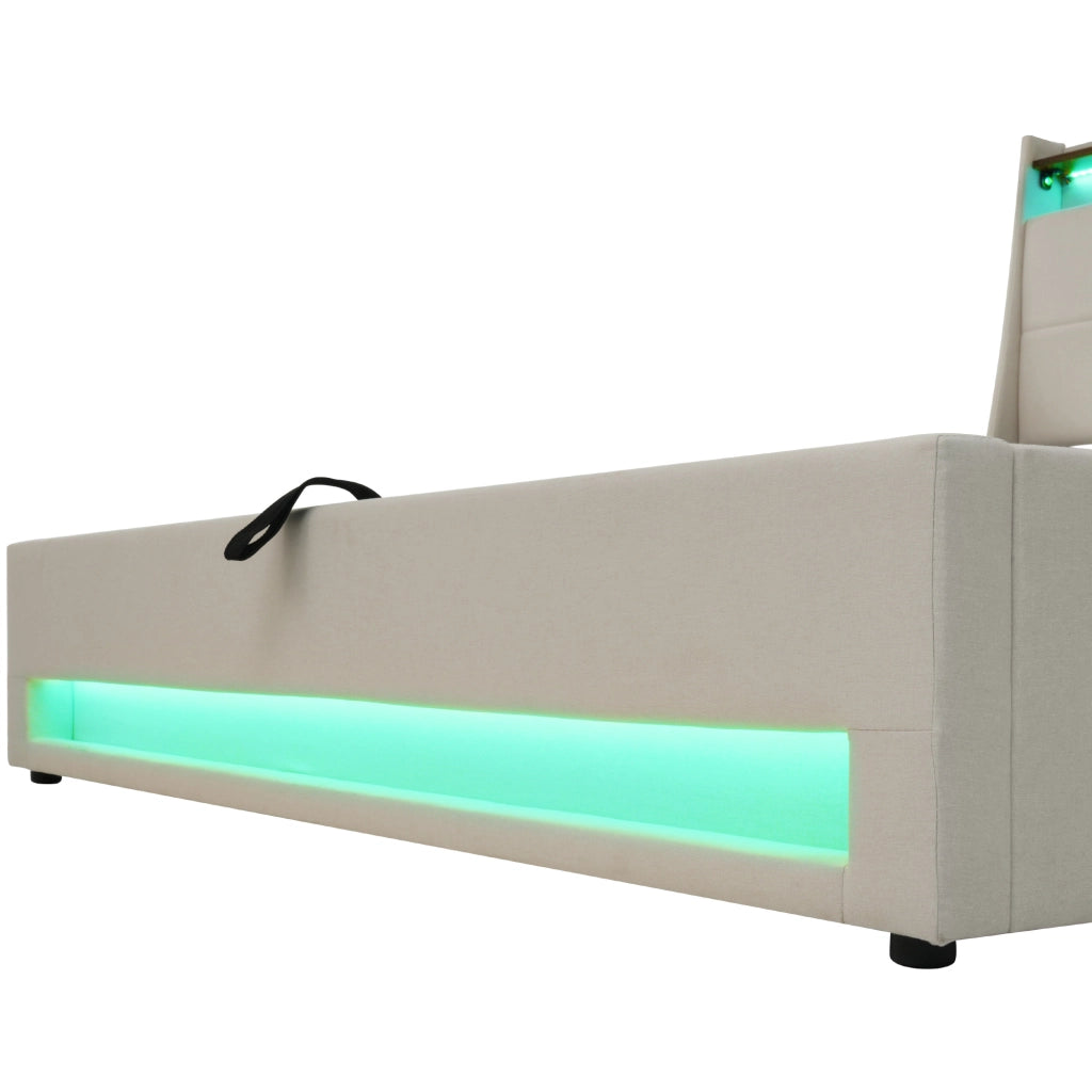 LETTO Imbottito 140x200 cm Beige con USB, LED e rete sollevabile