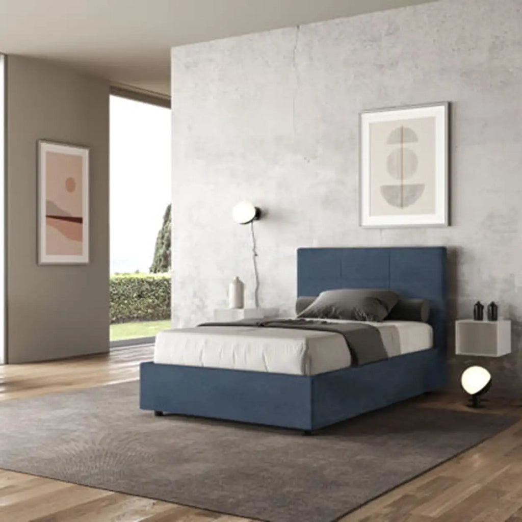 Letto una piazza e mezza con rete imbottito 120x190 microfibra blu Mika