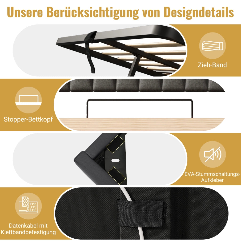 LETTO Matrimoniale 140x190 cm Grigio in Lino con LED e USB