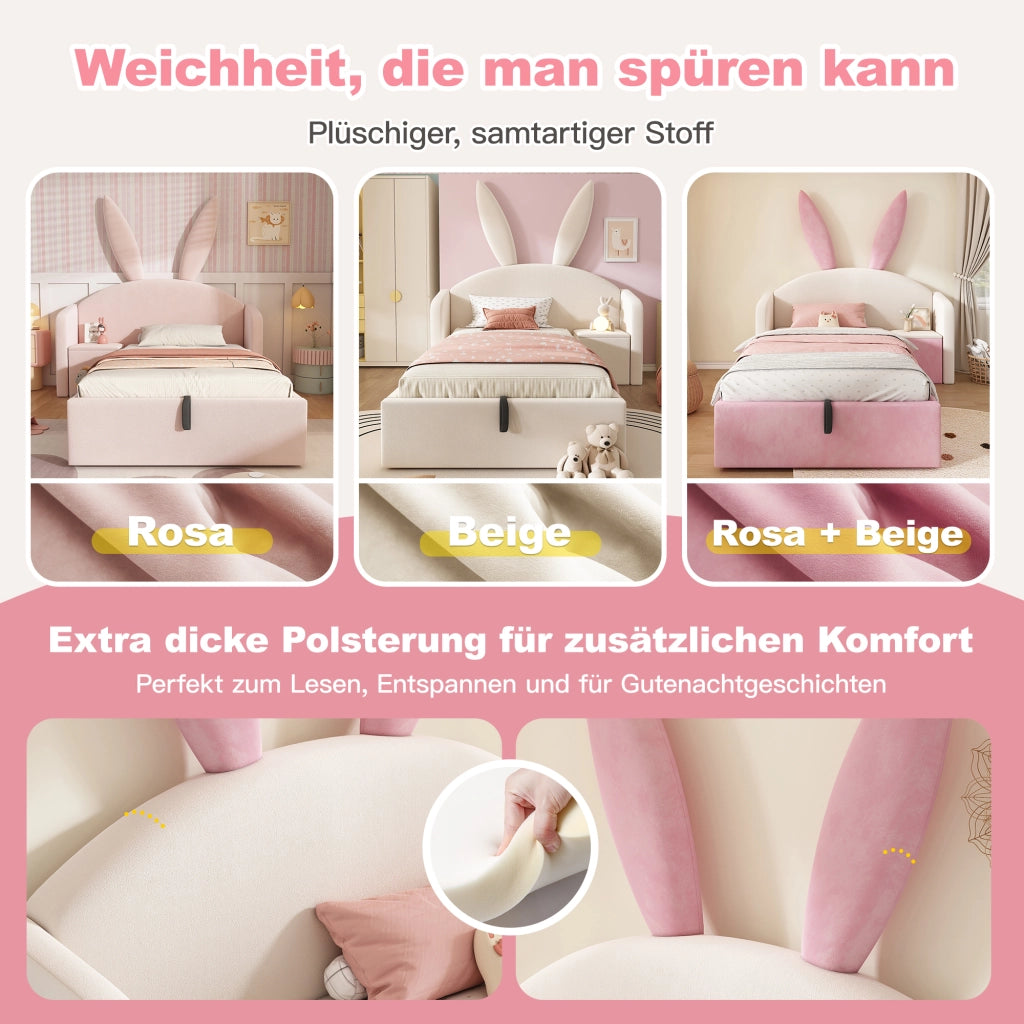 LETTO 90x200 cm in velluto beige e rosa con comodino laterale
