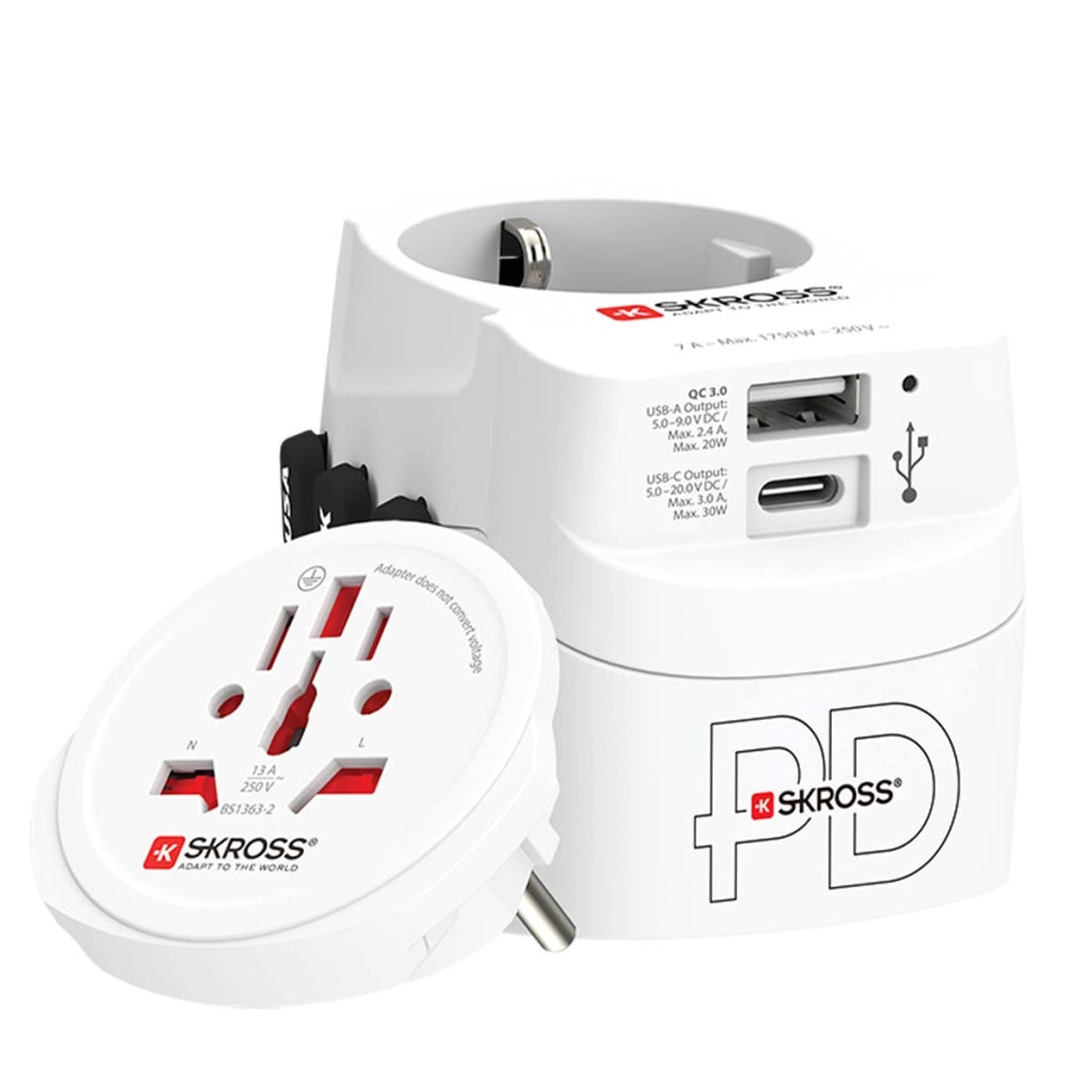 Adattatore da viaggio universale USB-A e USB-C Power Delivery 50W PRO Mondo leggero Bianco Skross