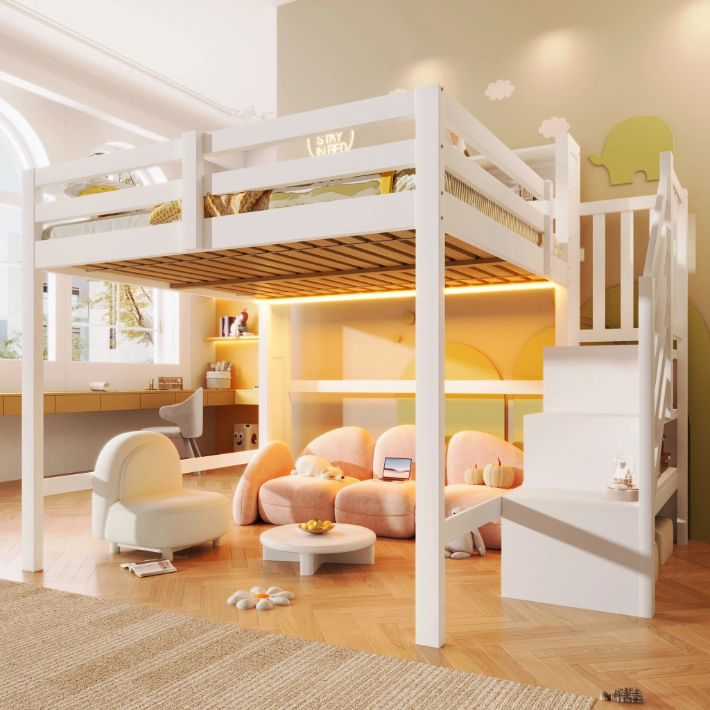 Letto castello 140x200 LED stivaggio scala vano bianco