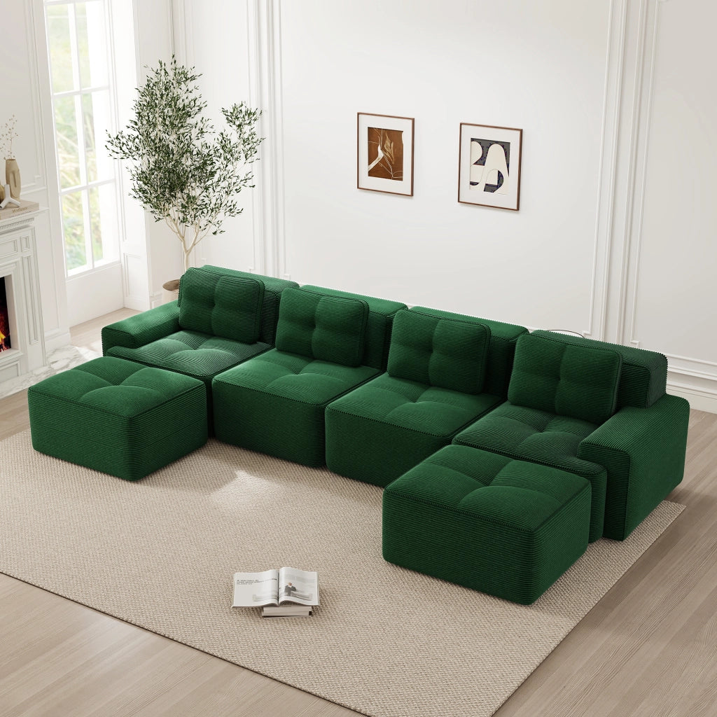 Sofa modulare senza ossa - Zephmum - U-Shape 4 posti verde velluto a coste antiscivolo