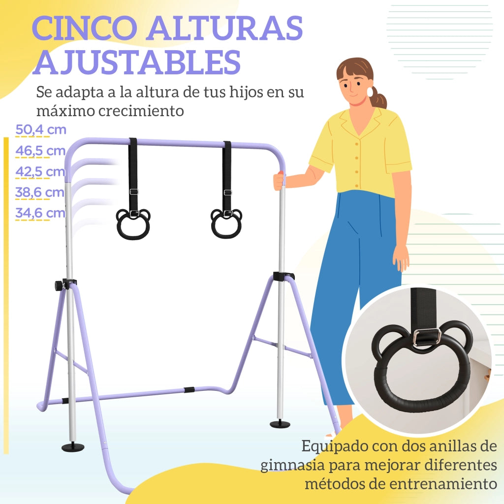 Barra Ginnastica Regolabile Bambini ¨C Xylo ¨C 5 Livelli Altezza con Anelli Allenamento Viola