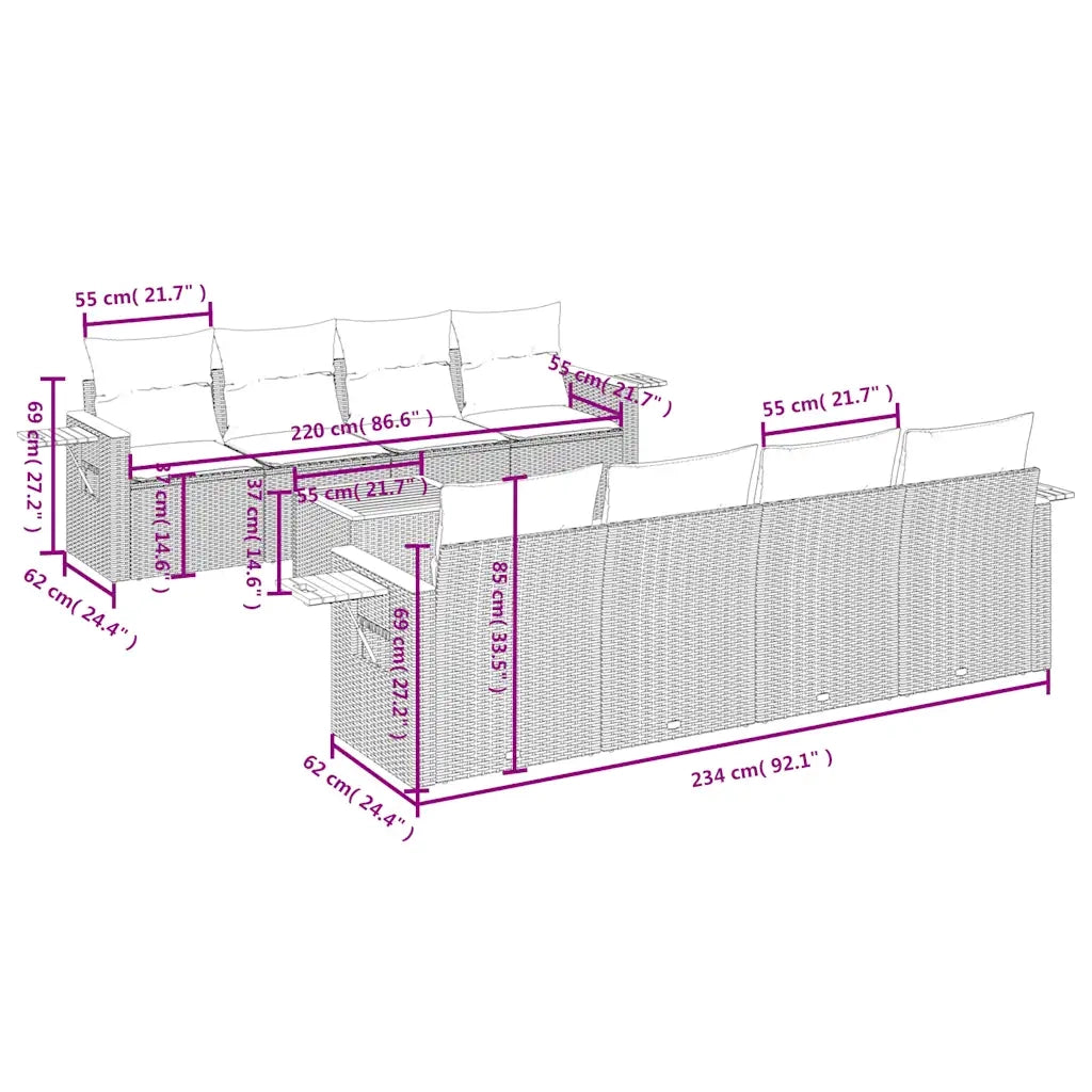 Set Divani da Giardino 9 pz con Cuscini Nero in Polyrattan 3226659