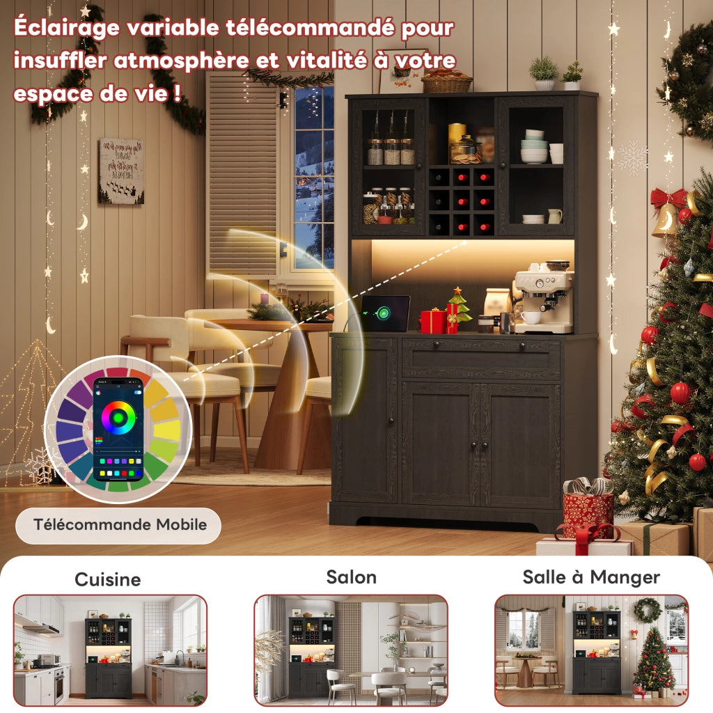 Credenza da Cucina Alta con 5 Ante e 1 Cassetto; LED e Prese; Ripiani Regolabili; in MDF; 105x40x180 cm; Nero