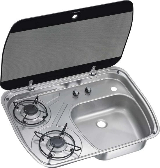 Combinazione di piano cottura e lavandino per camper e caravan - 2 fuochi forno a gas con coperchio in vetro
