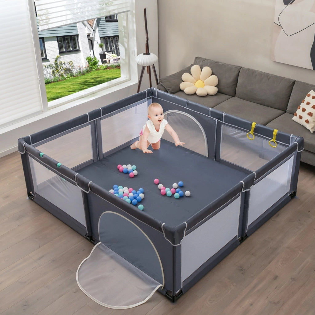 Box per bambini con cancelli di sicurezza per interno, Centro attivit¨¤ portatile 206x185,5x68cm Grigio scuro