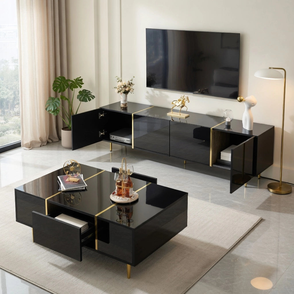 Cassettiera per TV nera lucida in MDF lunghezza 170 cm
