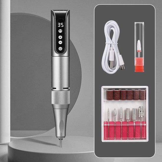 Boor elettrico a batteria grigio, attrezzo per unghie professionale, vitiello elettronico, abrasivo portatile, silenzioso, unghie da smaltare piccole e facilmente rimovibili