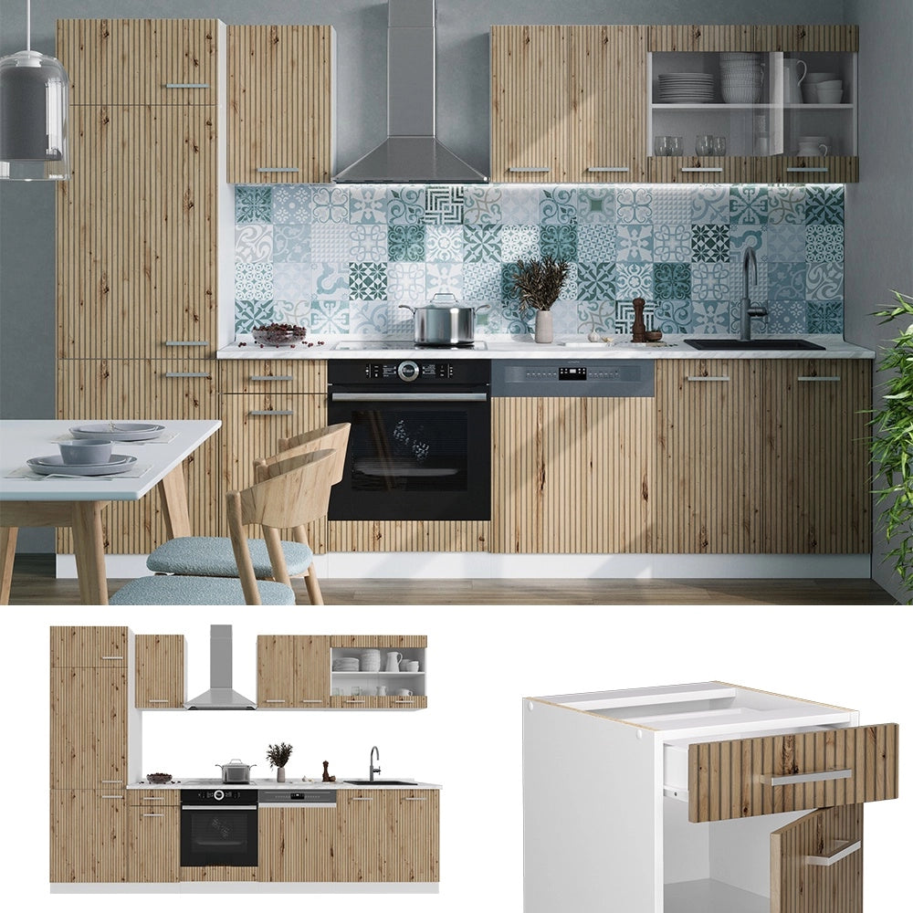 Cucina componibile R-Line Rovere artigianale/Bianco 300 cm, PL Marmo Vicco