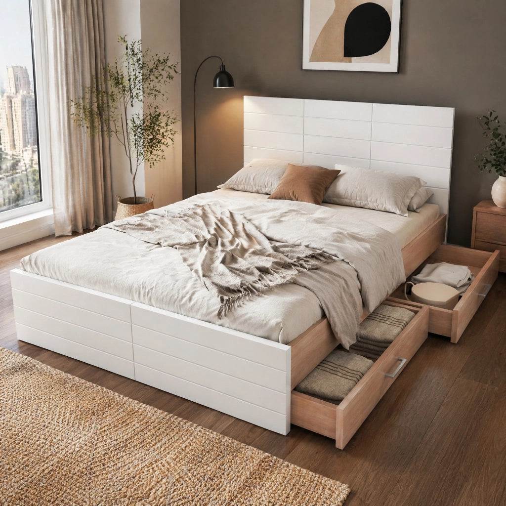 LETTO matrimoniale 180x200 cm con 2 cassetti, bianco e quercia