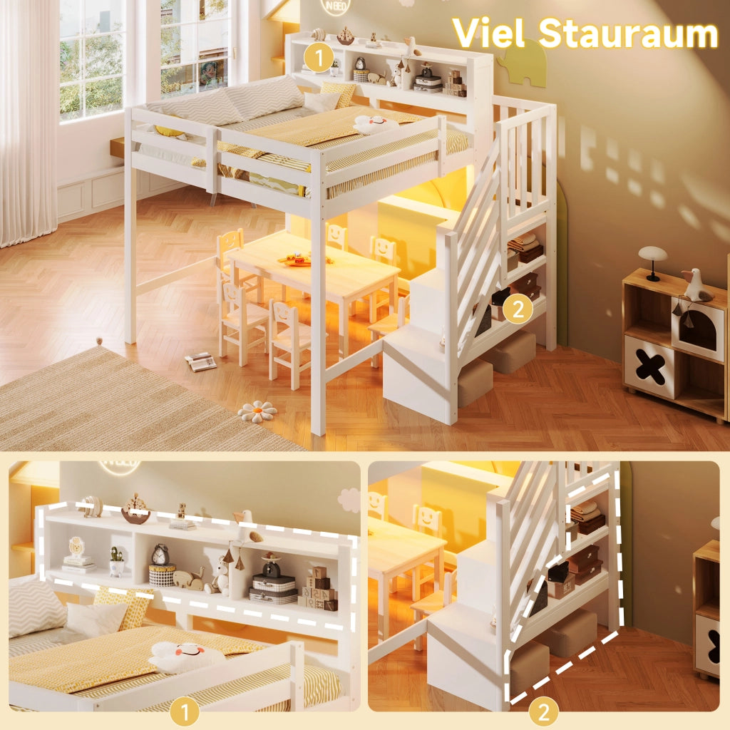 Letto castello 140x200 LED stivaggio scala vano bianco