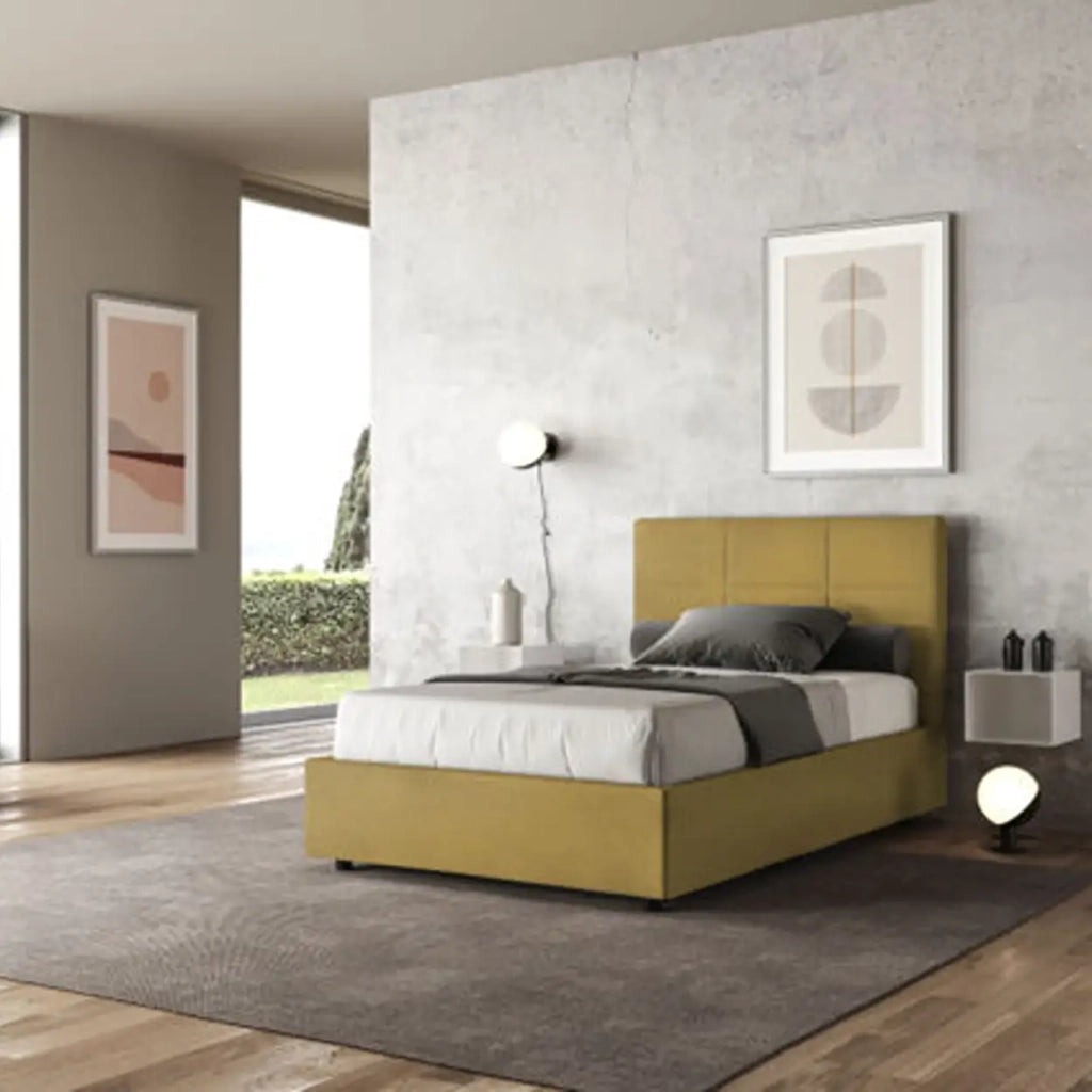 Letto una piazza e mezza contenitore imbottito 120x190 microfibra ocra Mika