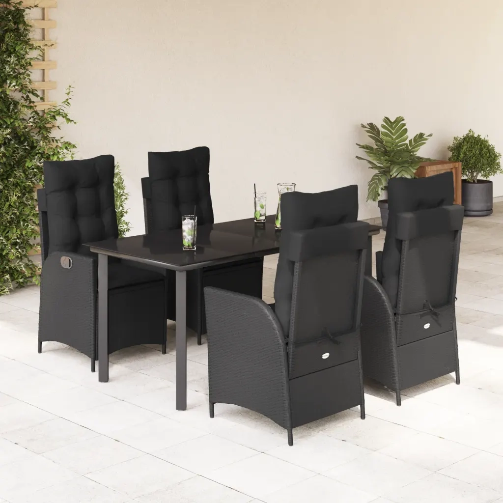 Set da Pranzo da Giardino 5 pz Nero con Cuscini in Polyrattan 3213188