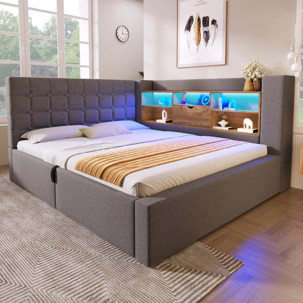 LETTO imbottito 140x200 cm in tessuto grigio con LED, USB e vano contenitore