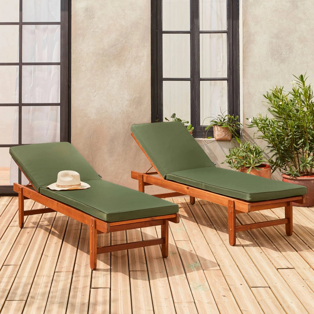Set 2 lettini prendisole in legno multiposizione, verde kaki