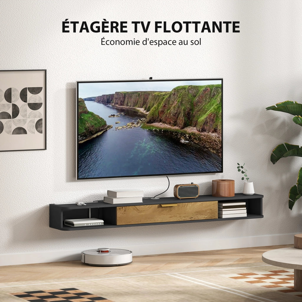 Mobile TV sospeso con ante scorrevoli e scomparti aperti ¨C zephmum ¨C grigio 160x24x16 cm